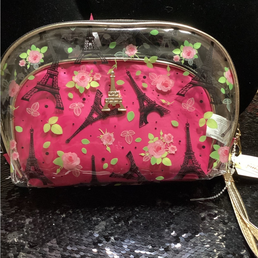 Tems 2pc Pink Floral Eiffel Tower Women's Cosmetics bag